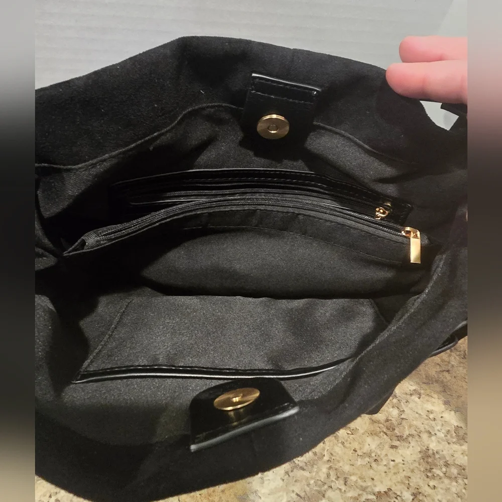 House of Harlow 1960 Black Vegan Suede Shoulder Bag with Gold Accents